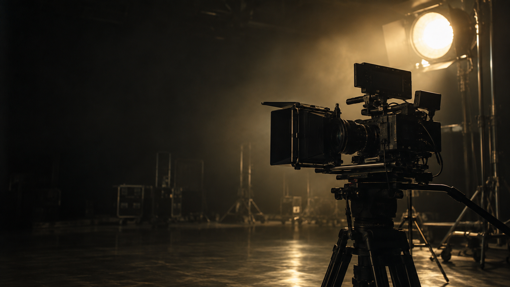Cámara de cine iluminada por un foco en un plató